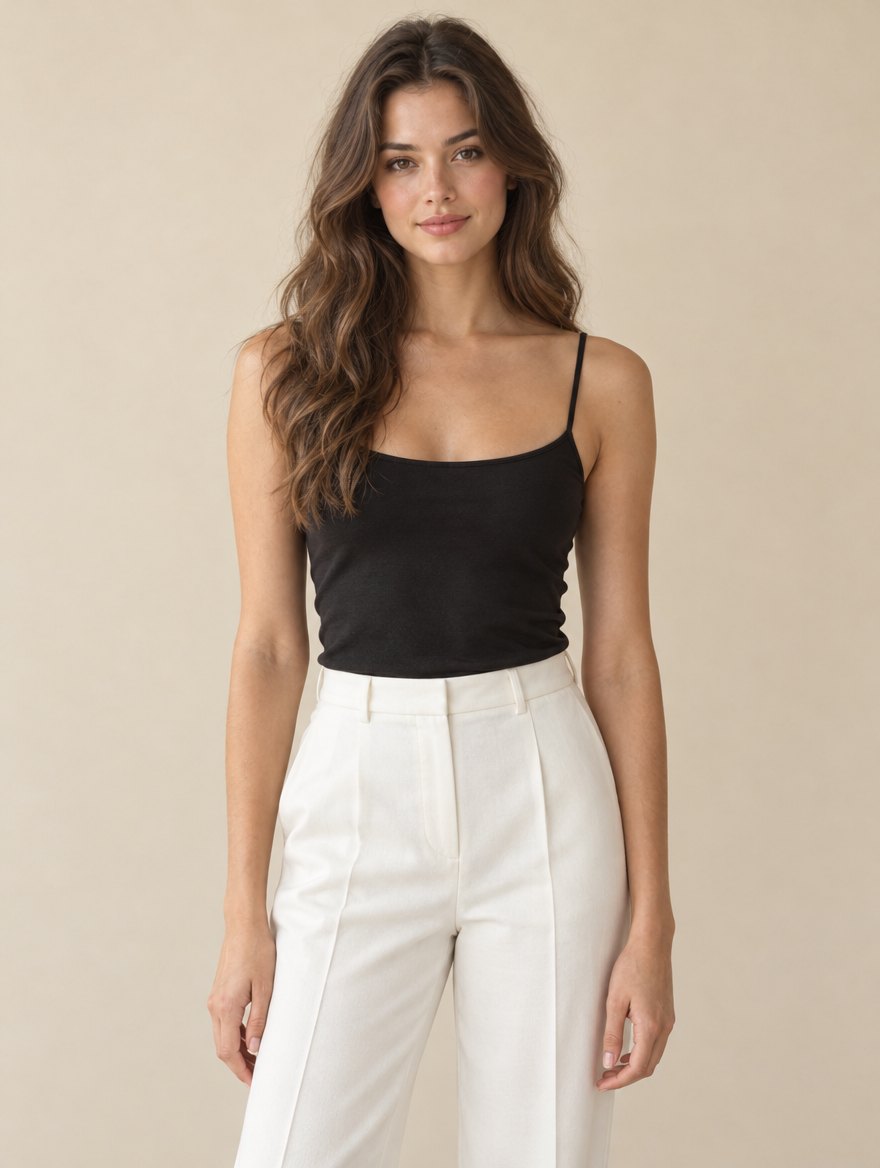 Before: black top and white trousers
